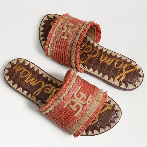 NIB Sam Edelman Georgia 7M Orange Raffia Flat Slide Sandals Resort Beach - Picture 10 of 12